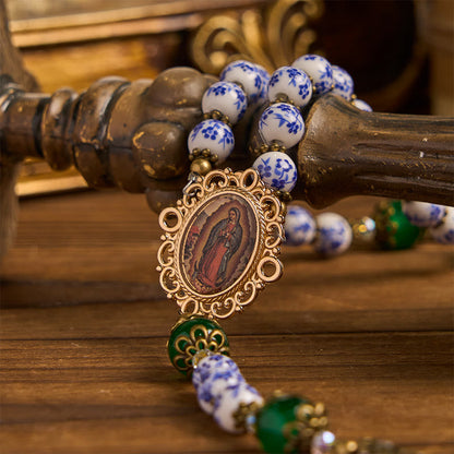 AMUSOUL Divine Serenity Handmade Floral Rosary: Our Lady of Guadalupe & Crucifix of 8mm Ceramics&Jade