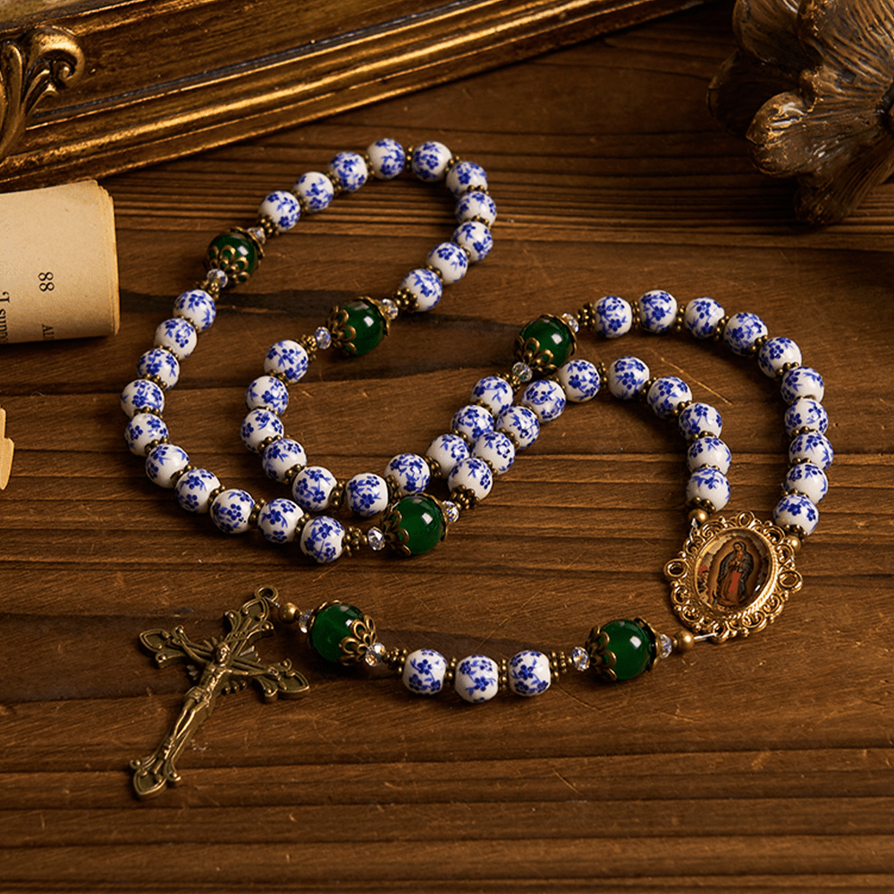 AMUSOUL Divine Serenity Handmade Floral Rosary: Our Lady of Guadalupe & Crucifix of 8mm Ceramics&Jade