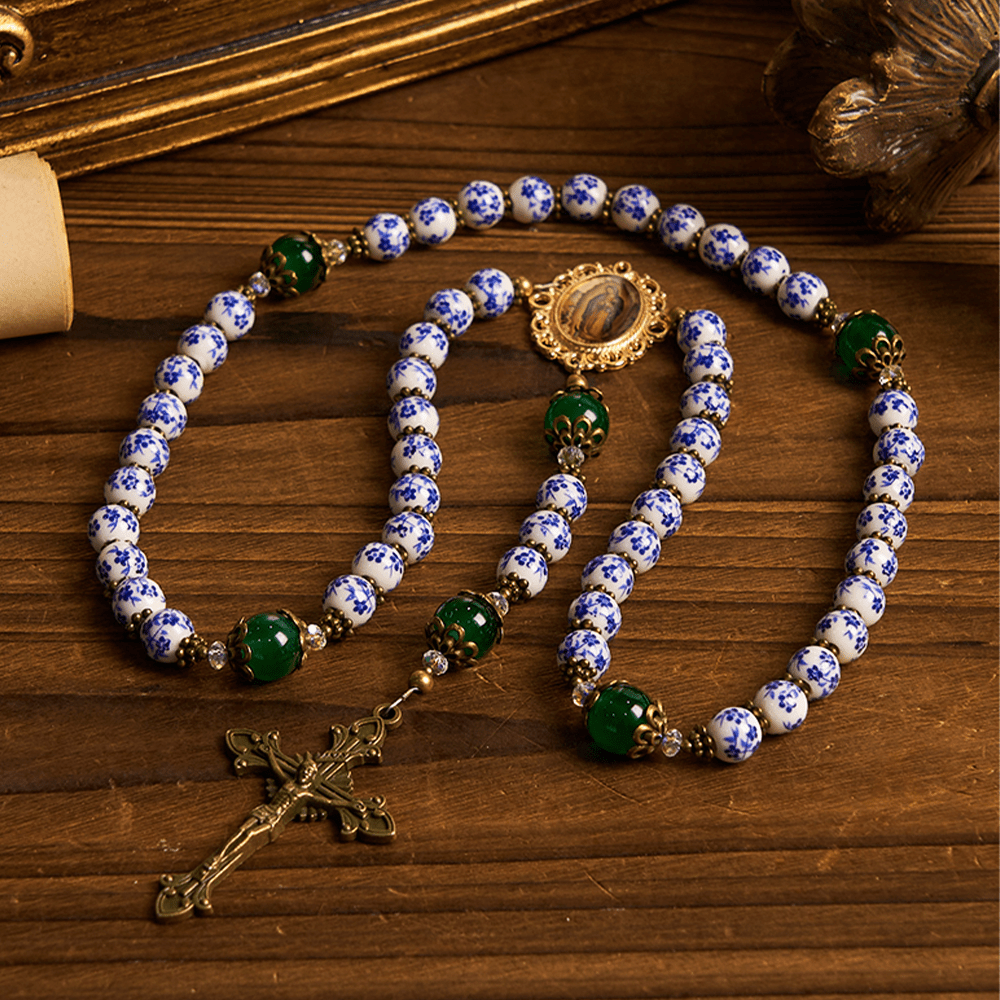 AMUSOUL Divine Serenity Handmade Floral Rosary: Our Lady of Guadalupe & Crucifix of 8mm Ceramics&Jade