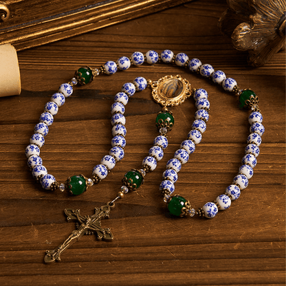 AMUSOUL Divine Serenity Handmade Floral Rosary: Our Lady of Guadalupe & Crucifix of 8mm Ceramics&Jade