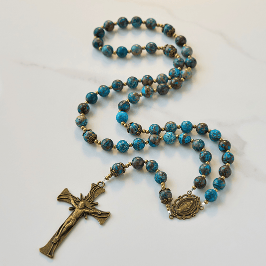 AMUSOUL Blue Pattern Beads Handmade Rosary: Miraculous Medal & Crucifix of 8mm Authentic Larimar Stone