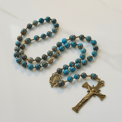 AMUSOUL Blue Pattern Beads Handmade Rosary: Miraculous Medal & Crucifix of 8mm Authentic Larimar Stone