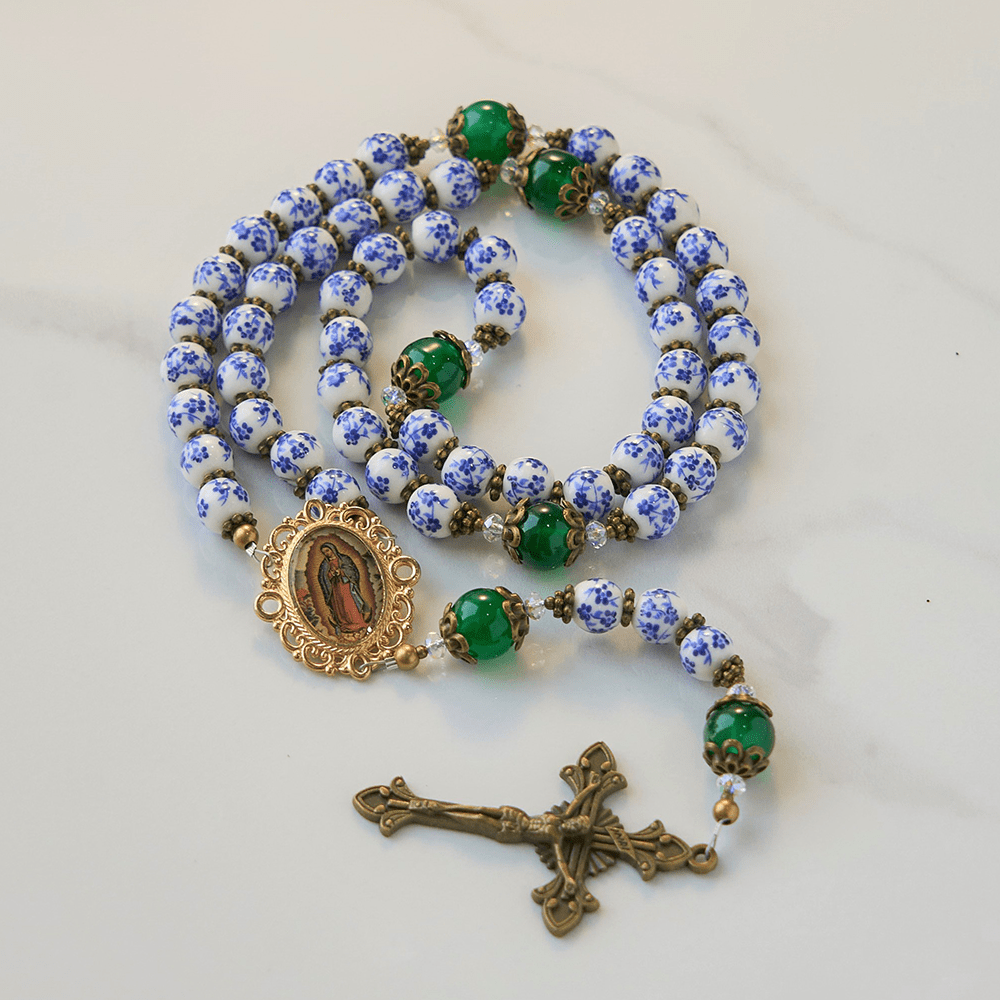 AMUSOUL Divine Serenity Handmade Floral Rosary: Our Lady of Guadalupe & Crucifix of 8mm Ceramics&Jade