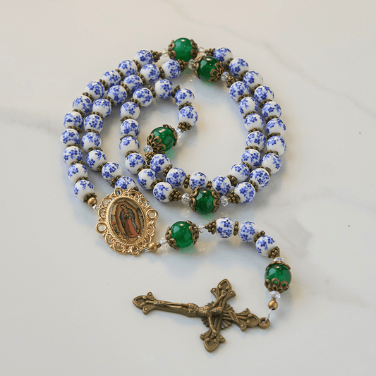 AMUSOUL Divine Serenity Handmade Floral Rosary: Our Lady of Guadalupe & Crucifix of 8mm Ceramics&Jade