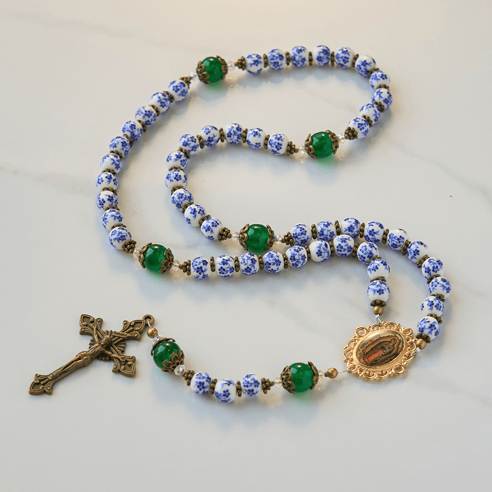 AMUSOUL Divine Serenity Handmade Floral Rosary: Our Lady of Guadalupe & Crucifix of 8mm Ceramics&Jade