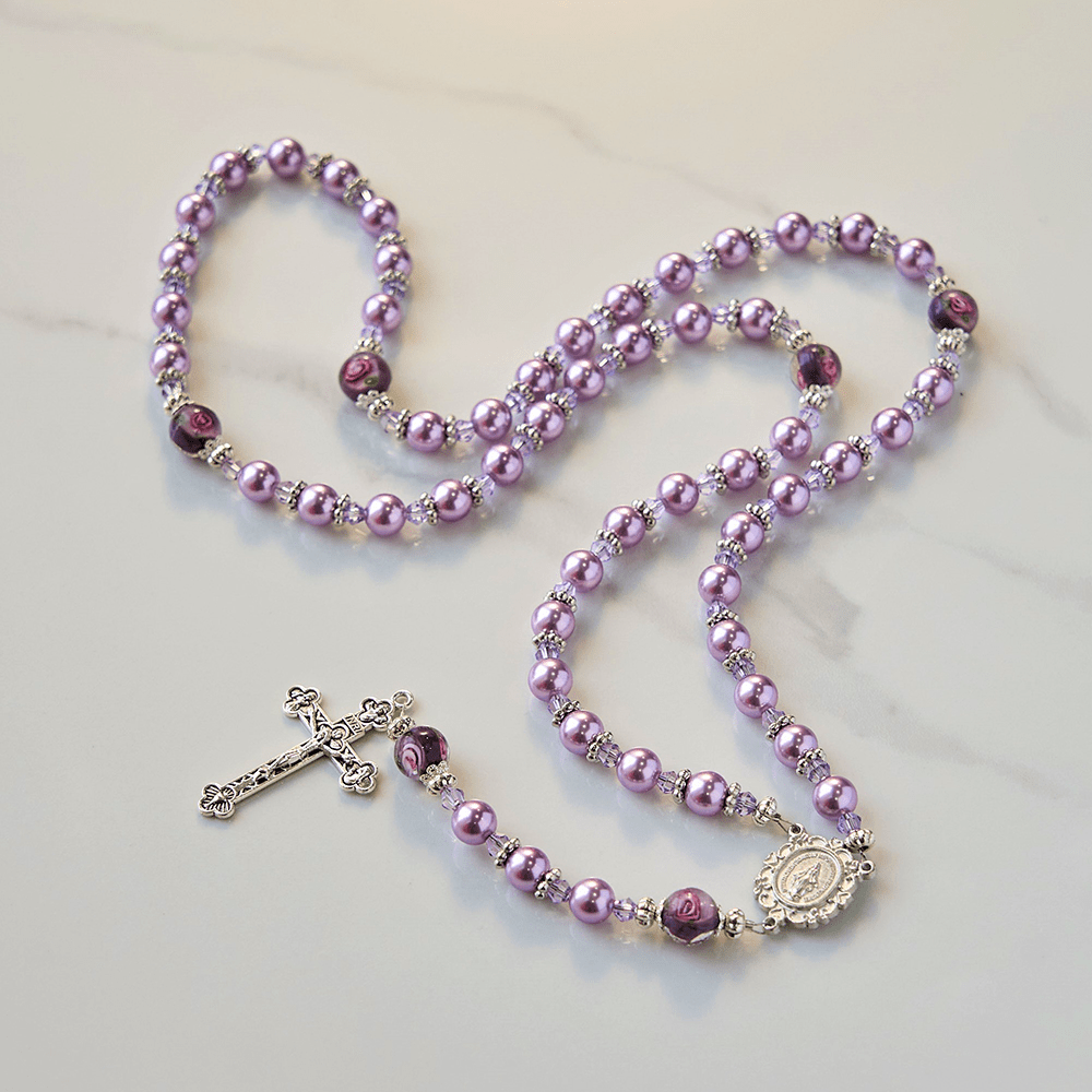 AMUSOUL  Miraculous Medal & Crucifix 8mm Purple Pearl & Crystal Handmade Rosary - Sacred Beads for Holy Prayer
