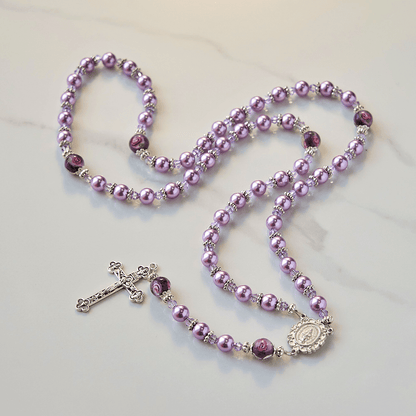 AMUSOUL  Miraculous Medal & Crucifix 8mm Purple Pearl & Crystal Handmade Rosary - Sacred Beads for Holy Prayer