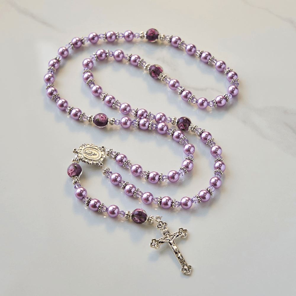 AMUSOUL  Miraculous Medal & Crucifix 8mm Purple Pearl & Crystal Handmade Rosary - Sacred Beads for Holy Prayer