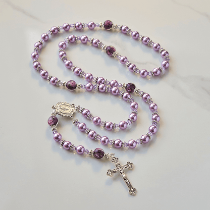 AMUSOUL  Miraculous Medal & Crucifix 8mm Purple Pearl & Crystal Handmade Rosary - Sacred Beads for Holy Prayer