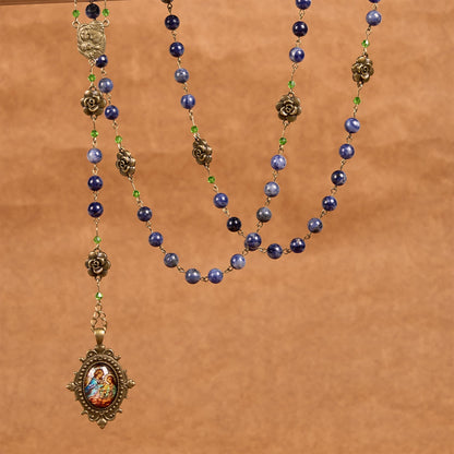 AMUSOUL Handmade Rosary with Lapis Beads and Floral Medallion – A Divine Reflection of Family and Faith
