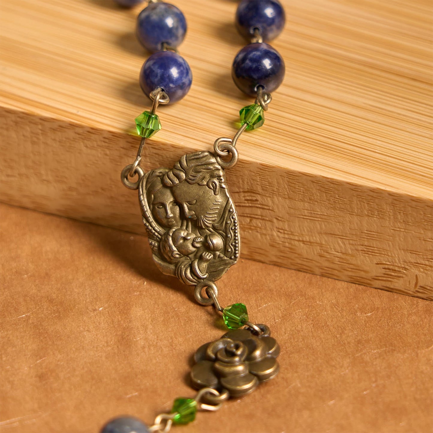 AMUSOUL Handmade Rosary with Lapis Beads and Floral Medallion – A Divine Reflection of Family and Faith
