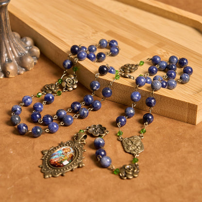 AMUSOUL Handmade Rosary with Lapis Beads and Floral Medallion – A Divine Reflection of Family and Faith