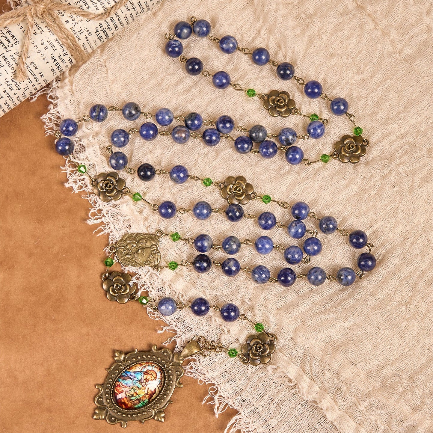 AMUSOUL Handmade Rosary with Lapis Beads and Floral Medallion – A Divine Reflection of Family and Faith