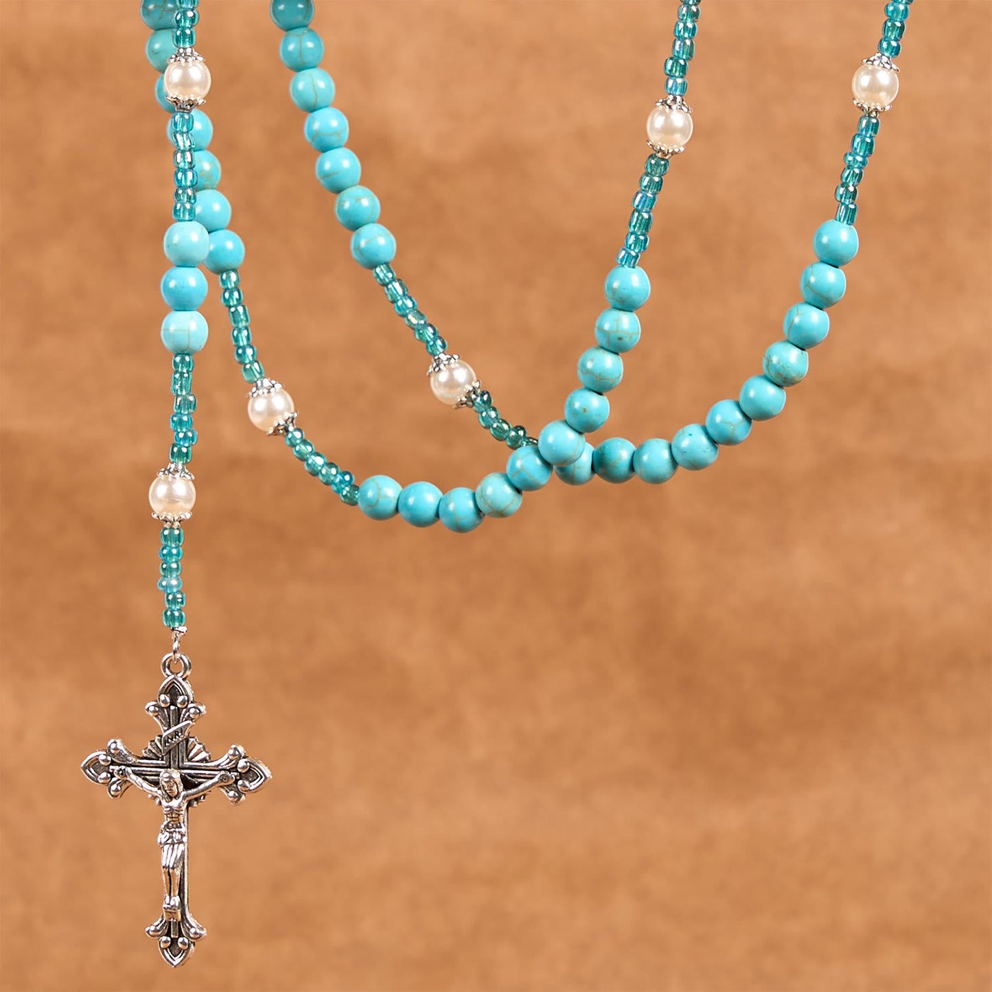 AMUSOUL Our Lady Medal & Crucifix of 8mm Blue Turquoise Round Beads Rosary