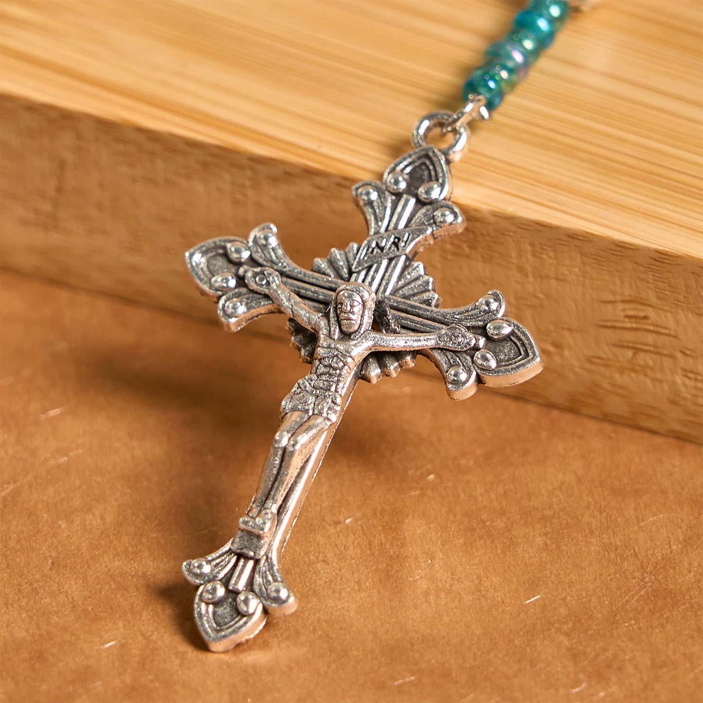 AMUSOUL Our Lady Medal & Crucifix of 8mm Blue Turquoise Round Beads Rosary