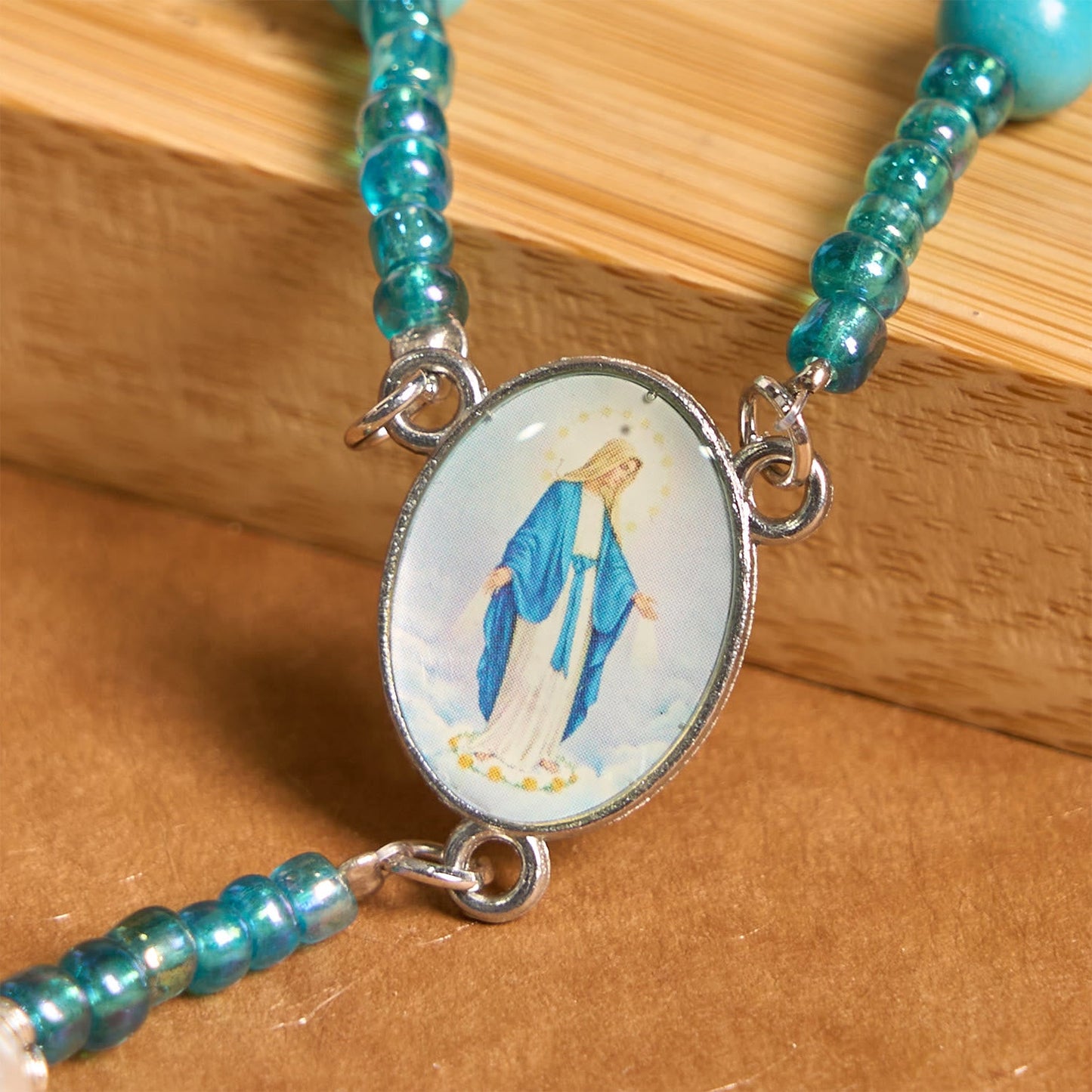 AMUSOUL Our Lady Medal & Crucifix of 8mm Blue Turquoise Round Beads Rosary