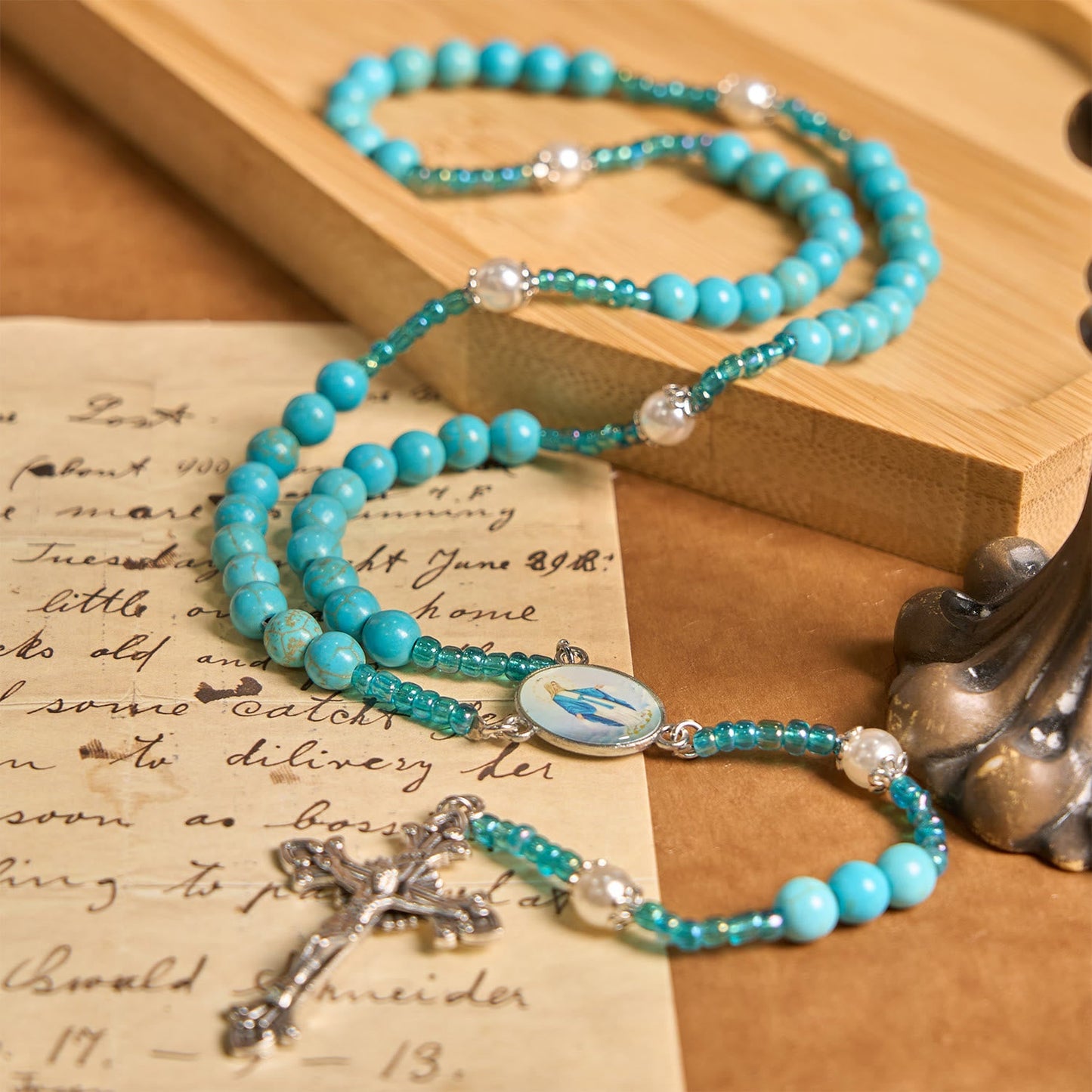 AMUSOUL Our Lady Medal & Crucifix of 8mm Blue Turquoise Round Beads Rosary