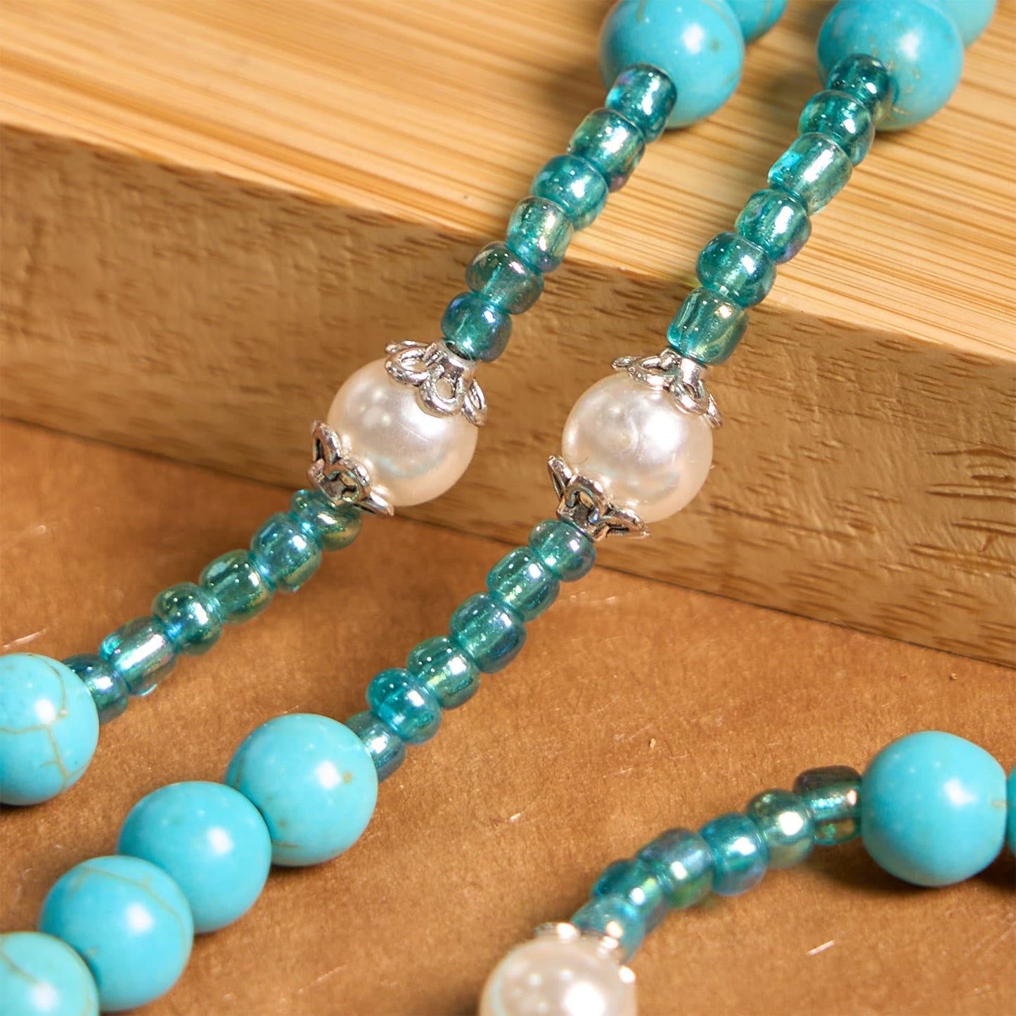 AMUSOUL Our Lady Medal & Crucifix of 8mm Blue Turquoise Round Beads Rosary