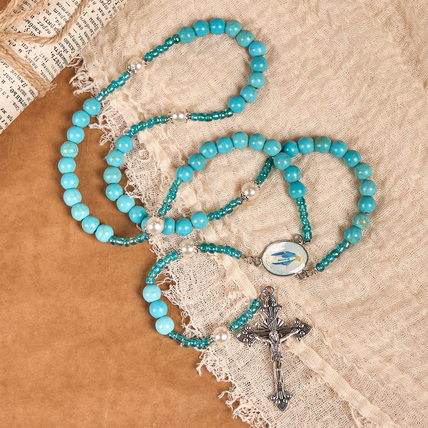 AMUSOUL Our Lady Medal & Crucifix of 8mm Blue Turquoise Round Beads Rosary