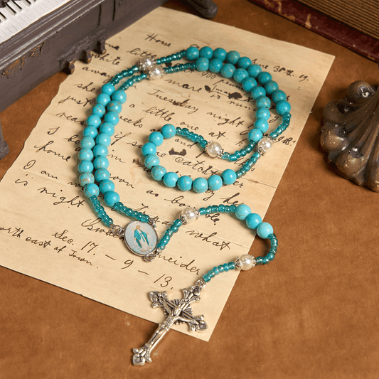 AMUSOUL Our Lady Medal & Crucifix of 8mm Blue Turquoise Round Beads Rosary