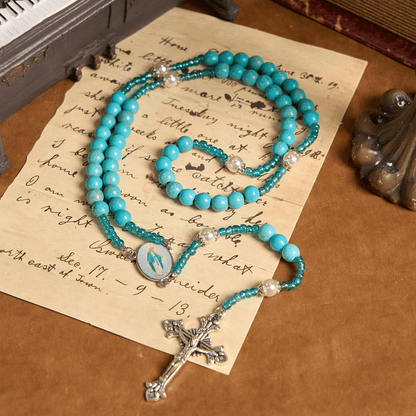 AMUSOUL Our Lady Medal & Crucifix of 8mm Blue Turquoise Round Beads Rosary