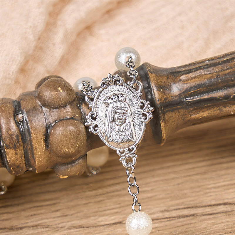 AMUSOUL Our Lady Medal & Crucifix of 8mm White Acrylic Round Beads Rosary
