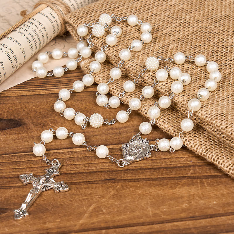 AMUSOUL Our Lady Medal & Crucifix of 8mm White Acrylic Round Beads Rosary