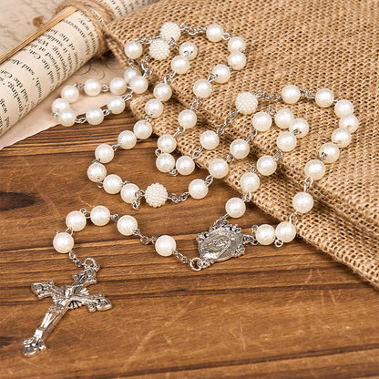 AMUSOUL Our Lady Medal & Crucifix of 8mm White Acrylic Round Beads Rosary