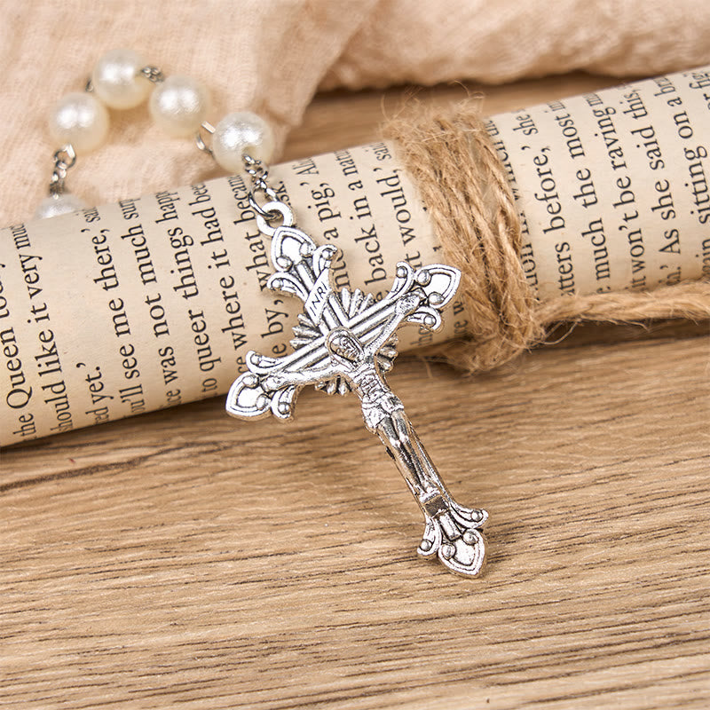 AMUSOUL Our Lady Medal & Crucifix of 8mm White Acrylic Round Beads Rosary