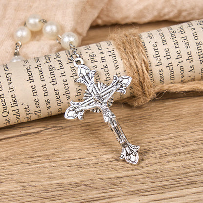 AMUSOUL Our Lady Medal & Crucifix of 8mm White Acrylic Round Beads Rosary