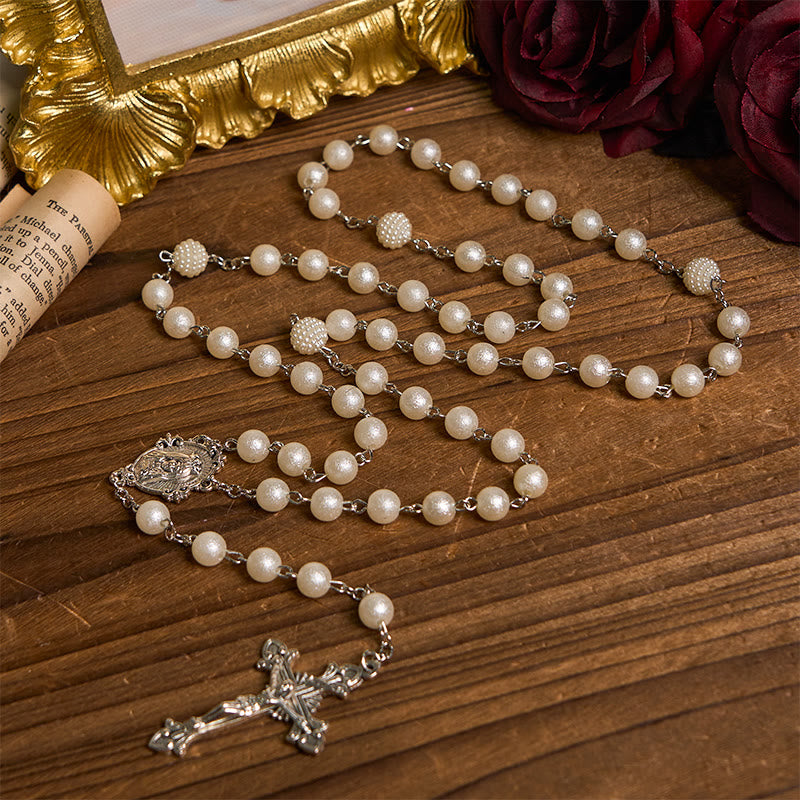 AMUSOUL Our Lady Medal & Crucifix of 8mm White Acrylic Round Beads Rosary