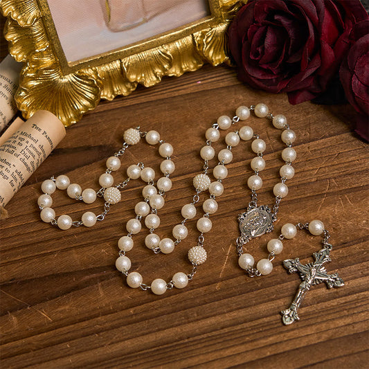 AMUSOUL Our Lady Medal & Crucifix of 8mm White Acrylic Round Beads Rosary