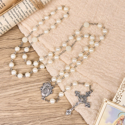 AMUSOUL Our Lady Medal & Crucifix of 8mm White Acrylic Round Beads Rosary