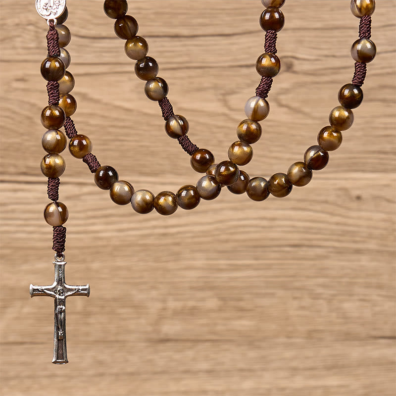 AMUSOUL Our Lady Medal & Crucifix of 10mm Brown Acrylic Round Beads Divine Rosary