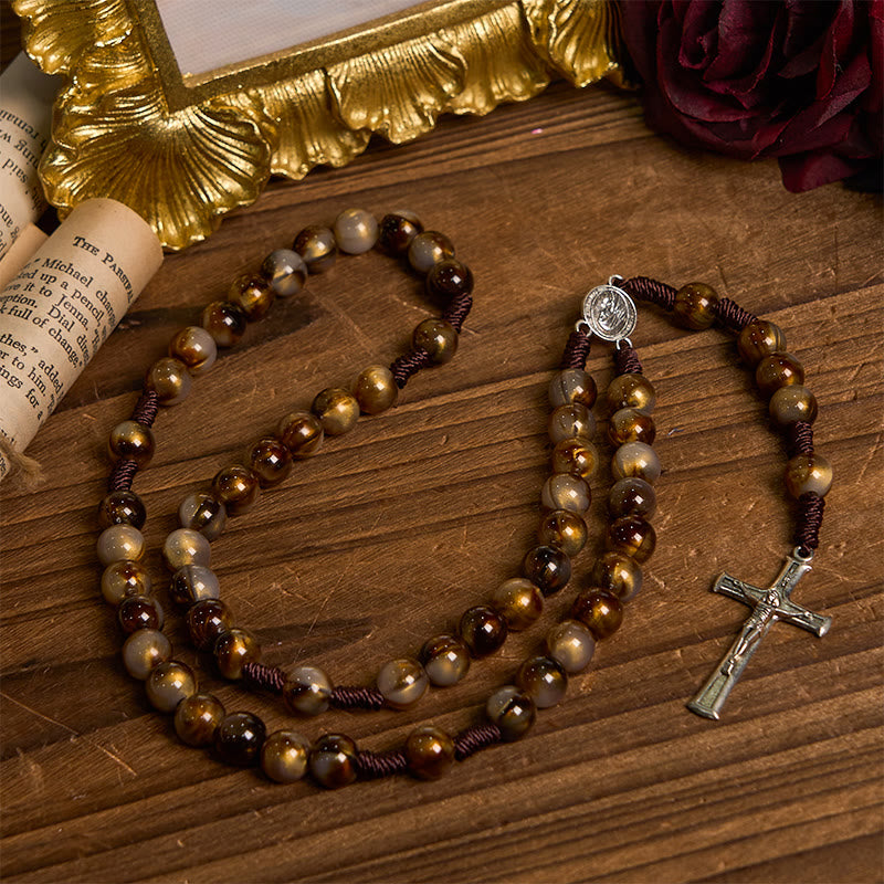 AMUSOUL Our Lady Medal & Crucifix of 10mm Brown Acrylic Round Beads Divine Rosary
