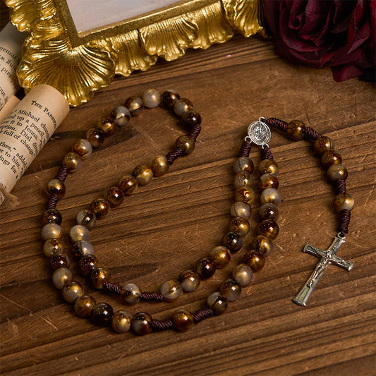 AMUSOUL Our Lady Medal & Crucifix of 10mm Brown Acrylic Round Beads Divine Rosary