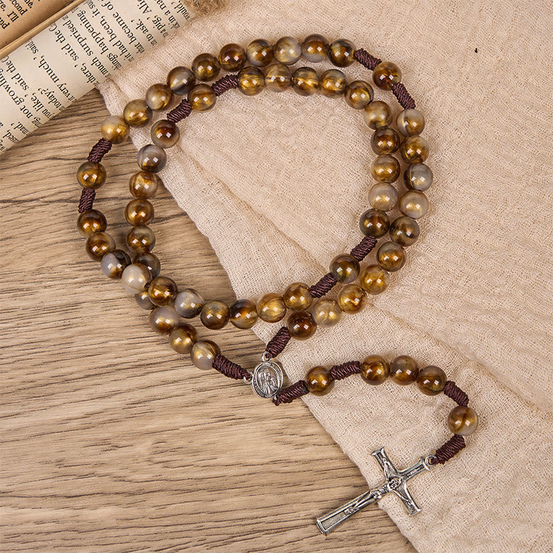 AMUSOUL Our Lady Medal & Crucifix of 10mm Brown Acrylic Round Beads Divine Rosary