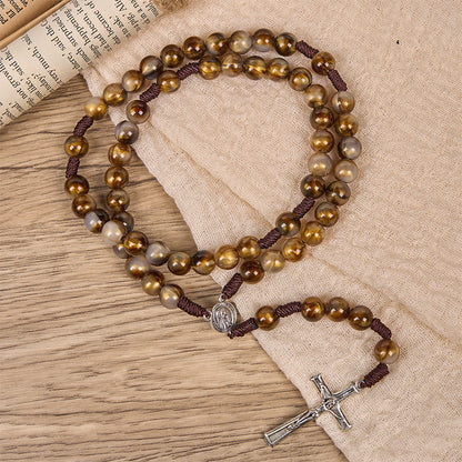 AMUSOUL Our Lady Medal & Crucifix of 10mm Brown Acrylic Round Beads Divine Rosary