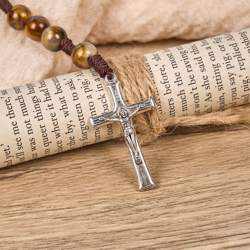 AMUSOUL Our Lady Medal & Crucifix of 10mm Brown Acrylic Round Beads Divine Rosary