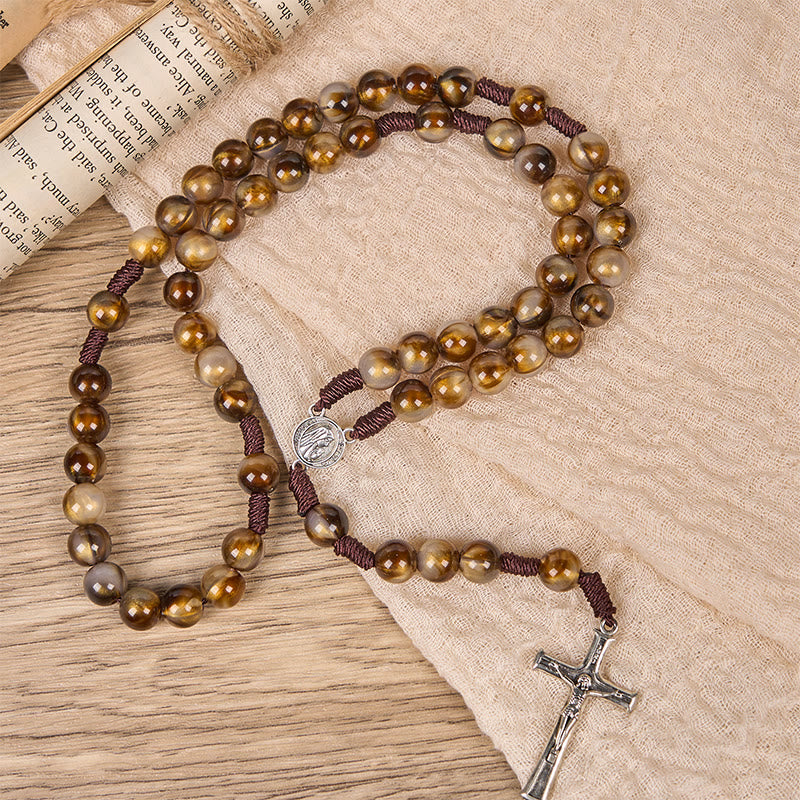 AMUSOUL Our Lady Medal & Crucifix of 10mm Brown Acrylic Round Beads Divine Rosary
