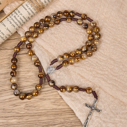 AMUSOUL Our Lady Medal & Crucifix of 10mm Brown Acrylic Round Beads Divine Rosary
