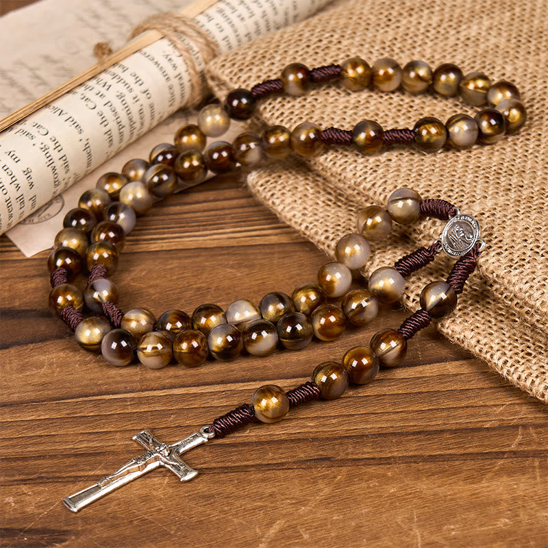 AMUSOUL Our Lady Medal & Crucifix of 10mm Brown Acrylic Round Beads Divine Rosary