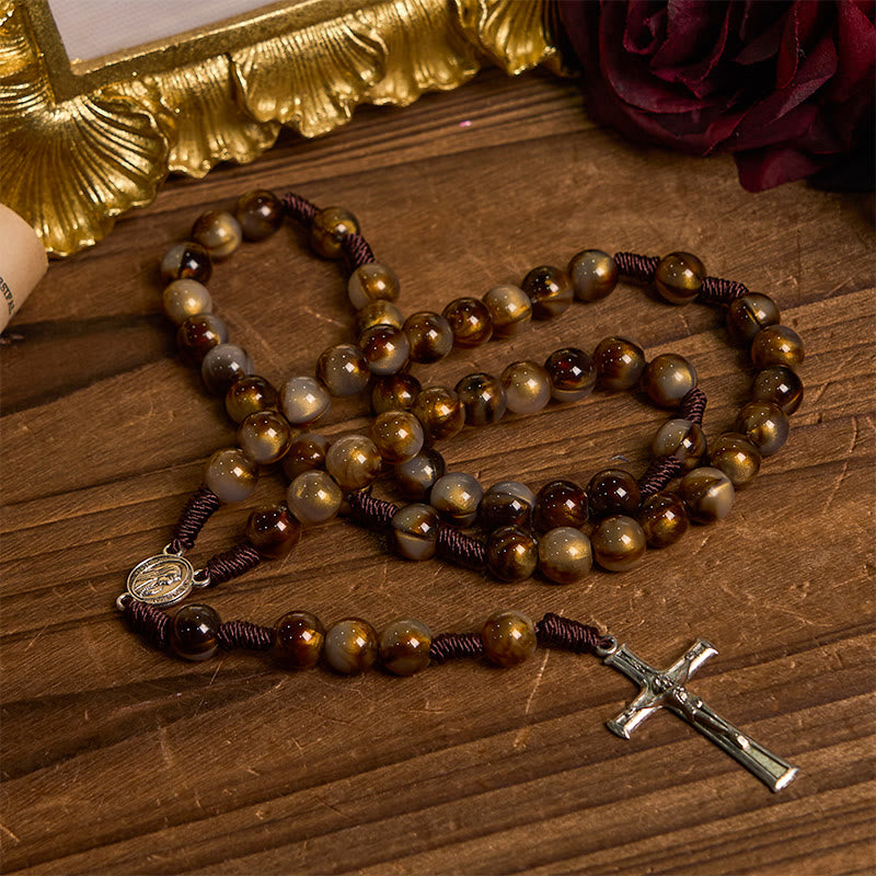 AMUSOUL Our Lady Medal & Crucifix of 10mm Brown Acrylic Round Beads Divine Rosary