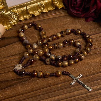 AMUSOUL Our Lady Medal & Crucifix of 10mm Brown Acrylic Round Beads Divine Rosary