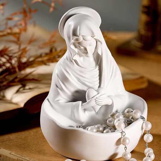 AMUSOUL Our Lady White Resin Rosary Holder Container: Carrying the Beauty of Faith