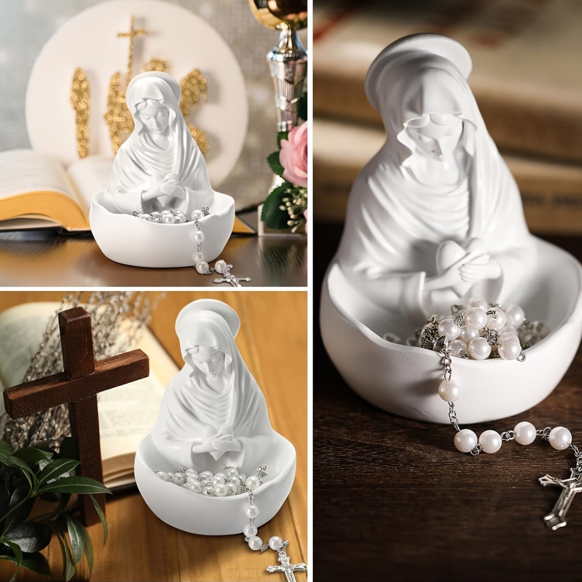 AMUSOUL Our Lady White Resin Rosary Holder Container: Carrying the Beauty of Faith