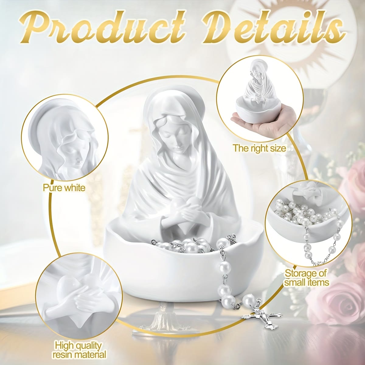 AMUSOUL Our Lady White Resin Rosary Holder Container: Carrying the Beauty of Faith