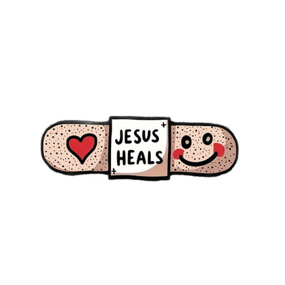 AMUSOUL  Jesus Heals Acrylic Heart Band-Aid Brooch: A Symbol of Faith and Comfort