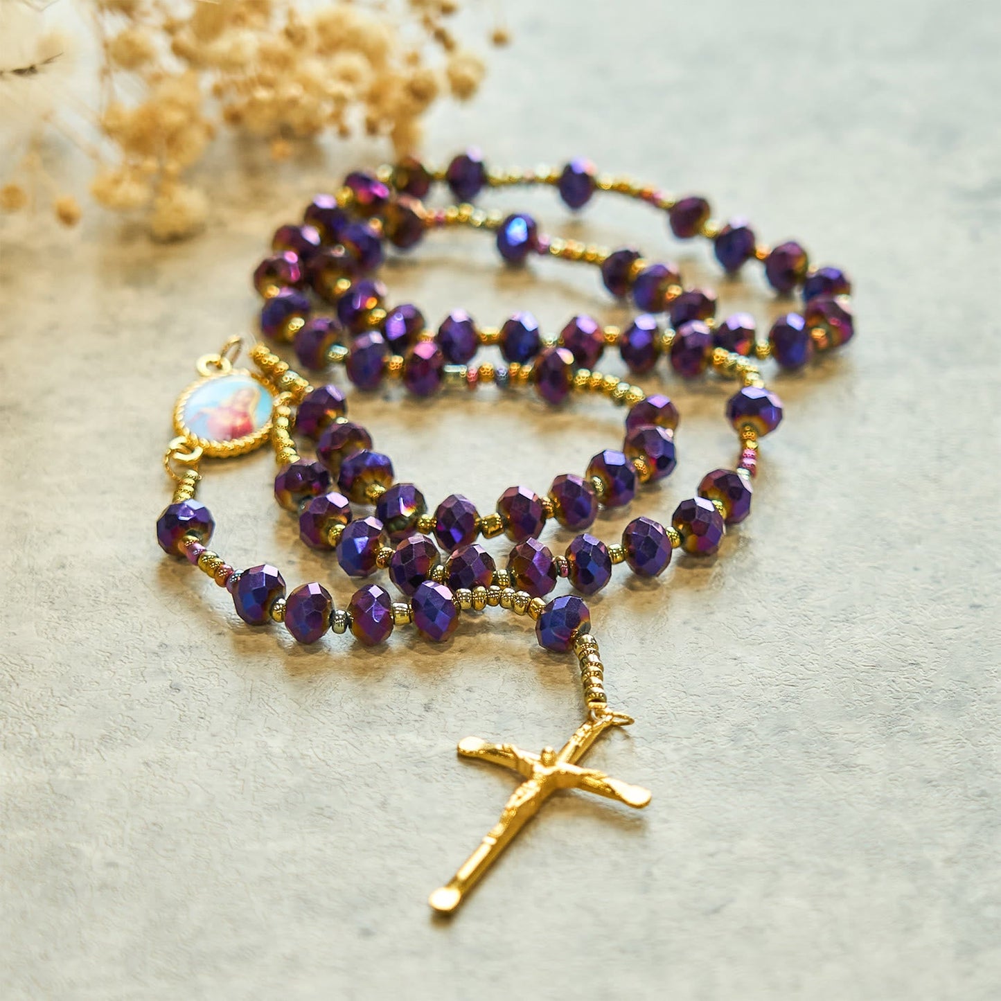 AMUSOUL Our Lady Medal & Crucifix of 8mm Purple Glass & Crystal Beads Rosary