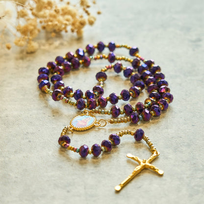 AMUSOUL Our Lady Medal & Crucifix of 8mm Purple Glass & Crystal Beads Rosary